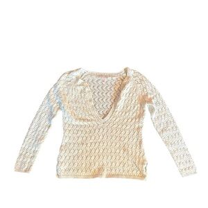 LOFT Winter White Cream V-Neck Open soft Knit Crochet Sweater Long Sleeve size M